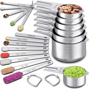 Measuring Cups and Spoons Set of 20, 7 Stainless Steel Nesting Measuring Cups & 7 Spoons, 1 + Leveler & 5 Mini Measuring Spoons for Cooking & Baking