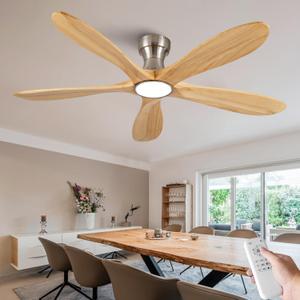 52 Inch Wood Flush Mount Ceiling Fans with Lights and Remote, Dimmable 5 Blade Wood Bedroom Ceiling Fan Outdoor Ceiling Fans for Patios Low Profile Ceiling Fan with Light for Bedroom Indoor