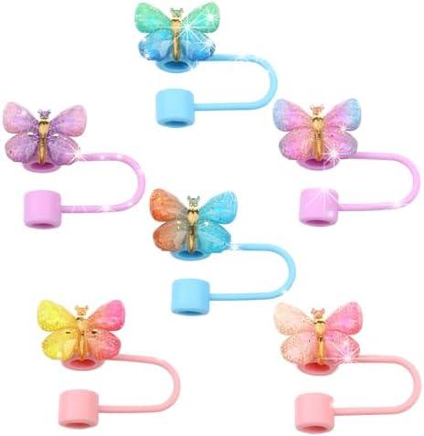 Hpebl Straw Covers Cap, 6 PCS Fade Color Glitter Toppers for Stanley Cup, Reusable Tumbler Accessories Compatible with 10mm Straw, Funny Gifts for Women & Girls（Butterfly-E）