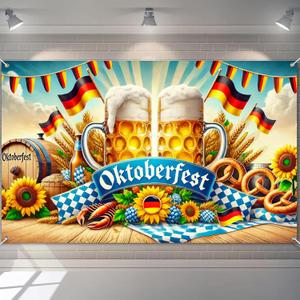 Oktoberfest Banner Polyester 71x43 Inch Beer Festival Decoration with German Flags, Pretzels, Beer Mugs, Sunflowers & Oktoberfest Backdrop