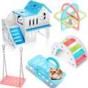 Skylety 5 Pcs Hamster Toys Include Wooden Accessories Hamster House Guinea Pig Hideout Rainbow Bridge Seesaw Swing Exercise Circle Cage Toy for Small Animals(6.3 x 3.93 x 5.5 Inch,Blue)