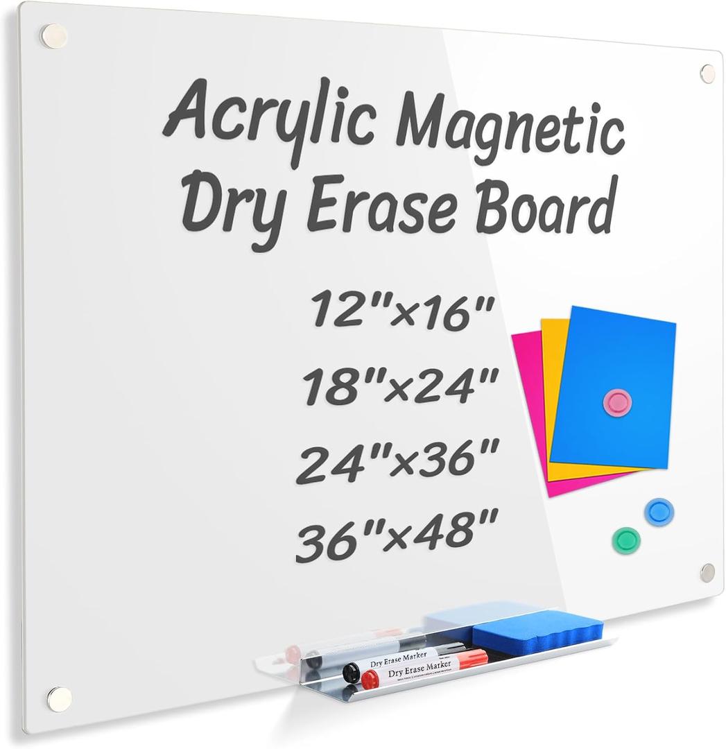 Acrylic Magnetic Dry Erase Board for Wall, White Board 48x36,Frameless Magnetic Dry Erase Board for Office,Classroom and Home/for Kids,Students,Adults(White).90120W