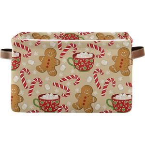 Christmas Gingerbread Man Storage Basket Fabric Kitchen Baskets Xmas Candy Cane Winter Snowflake Open Home Storage Bins Boxes Foldable Organizer Bag for Gift Book Shelf Closet Baskets 16128 Inches