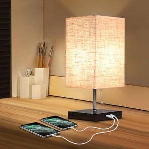 Siljoy Modern Bedside Table Lamp with 2 USB Charging Ports, Nightstand Lamp with Pull Chain Switch, Table Desk Lamp with Black Wooden Base & Flaxen Fabric Lampshade for Living Room Bedroom Dorm Office
