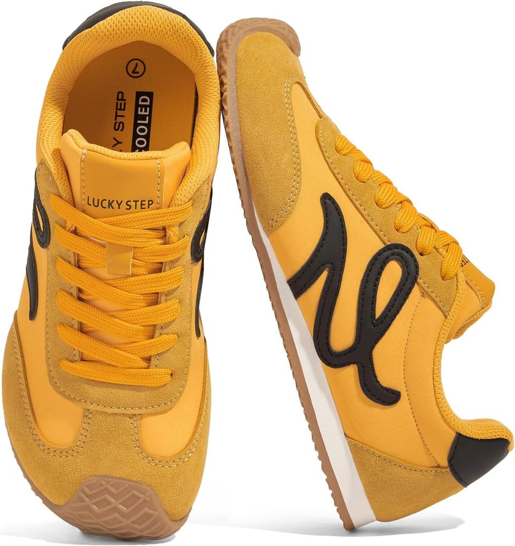 LUCKY STEP Women's Retro Tennis Fashion Sneakers Classic Casual Thin Sole Cute Comfortable Genuine Leather Trainer Ligheweight Trendy Walking Shoes (8.5, Yellow/Black)