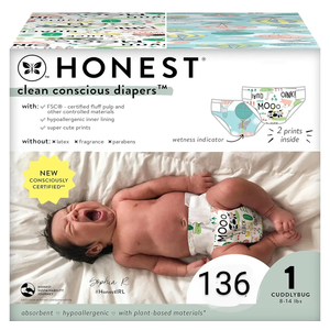 The Honest Company Clean Conscious Diapers for Sensitive Skin | Hypoallergenic, Fragrance Free | Gender Neutral Prints | Club Box, Size 1 (8-14 lbs), 136 Count