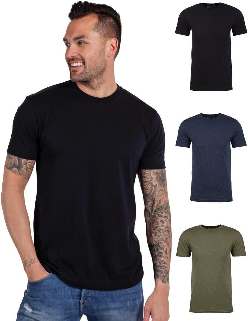 INTO THE AM Men's T-Shirts Soft Cotton Blend Crew Neck Tee S - 4XL Athletic Fit Plain Basic T-Shirt for Men (Medium, 3-pack Black/Navy/Olive Green)