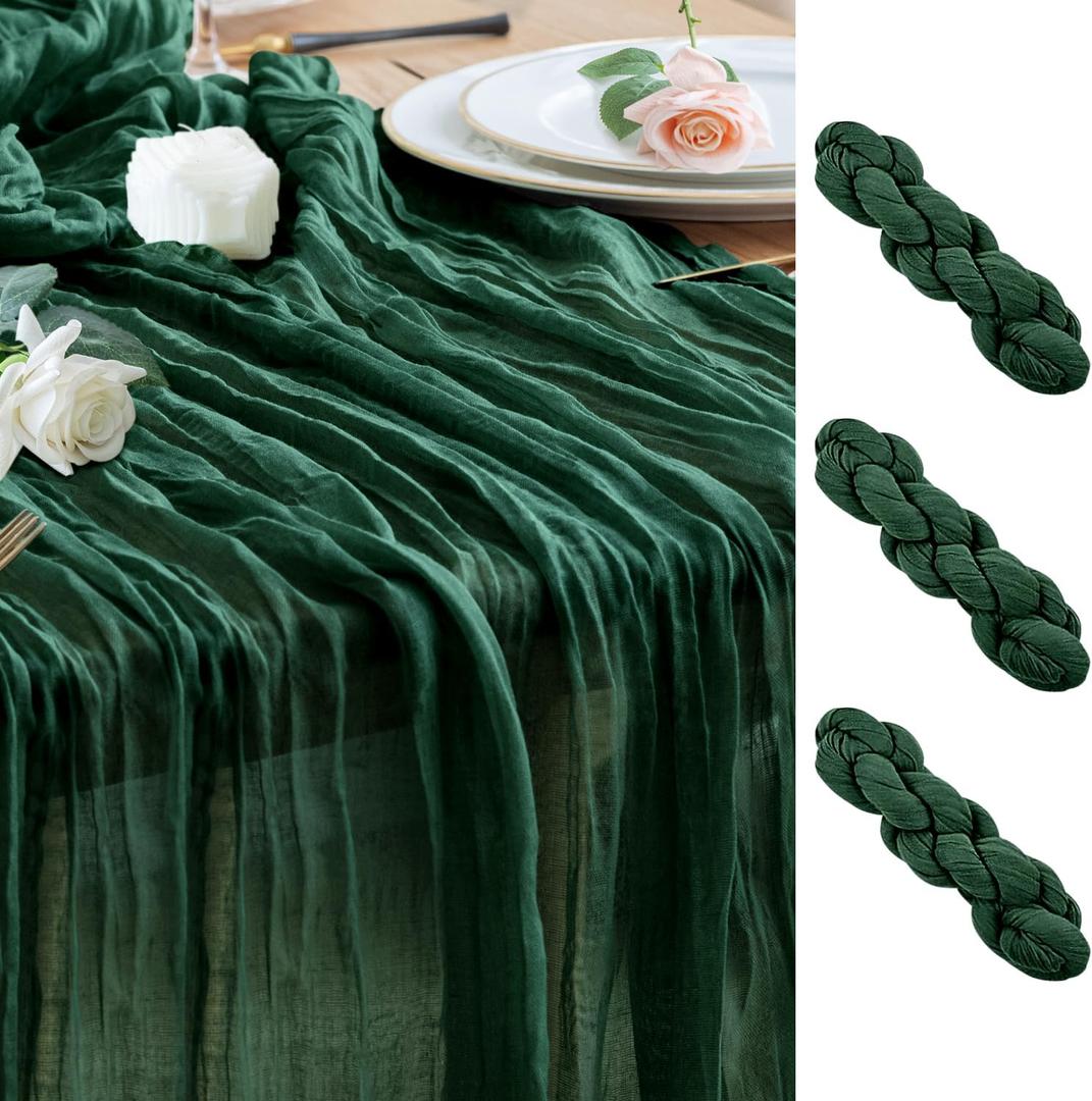 Wokceer Cheesecloth Table Runner 3Pack 10FT Emerald Green Christmas Boho Gauze Cheese Cloth Table Runner for Party Long Rustic Sheer Table Runners for Baby Bridal Shower Wedding Easter Table Decor