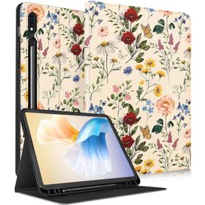 Wazzasoft for Samsung Galaxy Tab S8/Tab S7 Case 11 Inch Women Girls Cute Folio Cover with Pencil Holder Kawaii Design Girly Flower Floral Pretty Tablet Cases for Samsung Tab S7/Tab S8 Case 2022/2020 (3-Vintage Flower)
