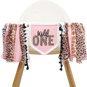 Girls Leopard Print High Chair Banner - Wild One High Chair Decors, Pink Jungle Party Cheetah ONE Year Birthday Decorations, Girls First Year Animal Banners
