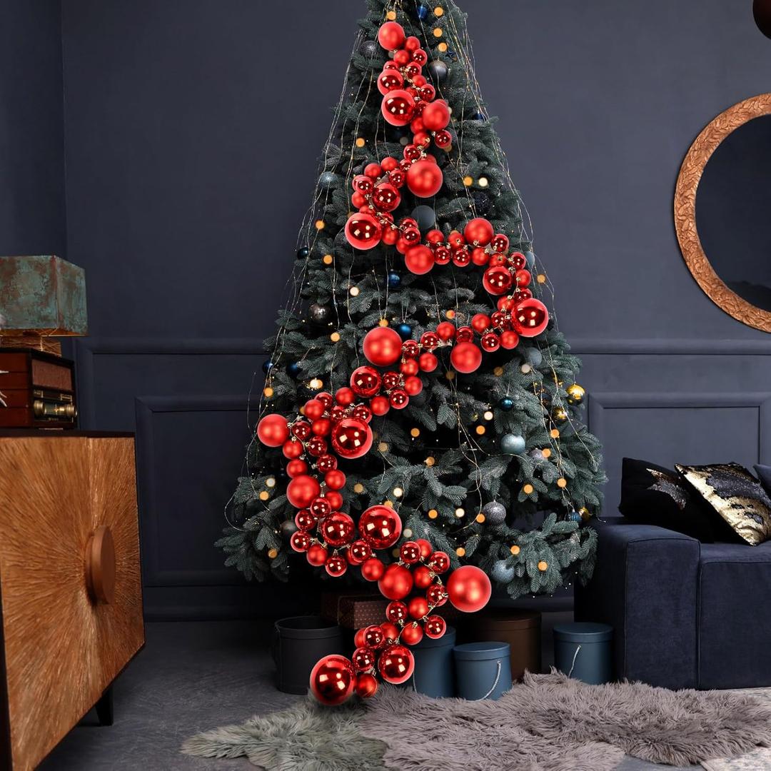 Christmas Ball Garland Ornaments Hanging Shatterproof Xmas Balls Decorations for Home Indoor Outdoor Mantel Holiday Party Christmas Tree Supplies(9 ft,Red)