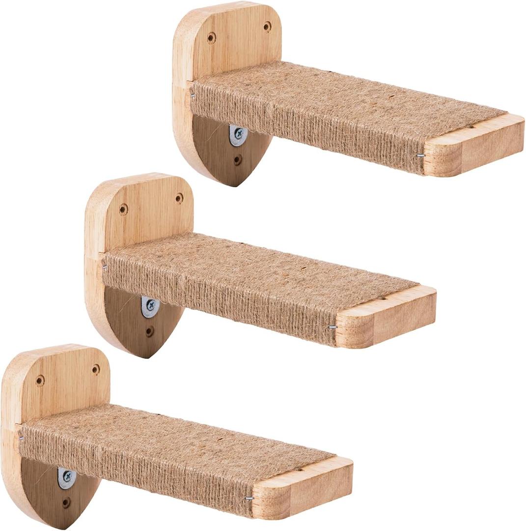COOLEX 3pcs Cat Wall Steps, Climbing Mounted Furniture, Shelves With Hemp Rope Covered, Solid Wood Ladder for Playing and Climbing (LargeWood)