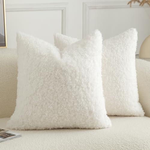 Joyouth Pack of 2 Curly Teddy Wool Faux Fur Throw Pillow Covers Fuzzy Accent Soft Sherpa Pillowcases Sheepskin Fleece Decorative Cushion Case for Sofa Couch Living Room 18x18 Inch Neutral White