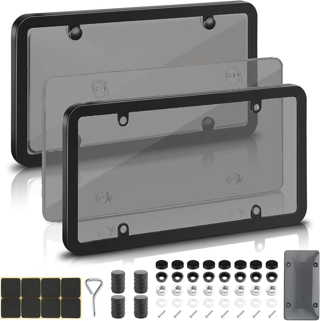 2 Pack License Plate Protector & Frame Combo, Clear Plastic Car Front/Rear Covers with Screws Caps, Universal Fit Car Accessories + Bonus Valve Stem Caps, Adhesive Pads & Mini Screwdriver