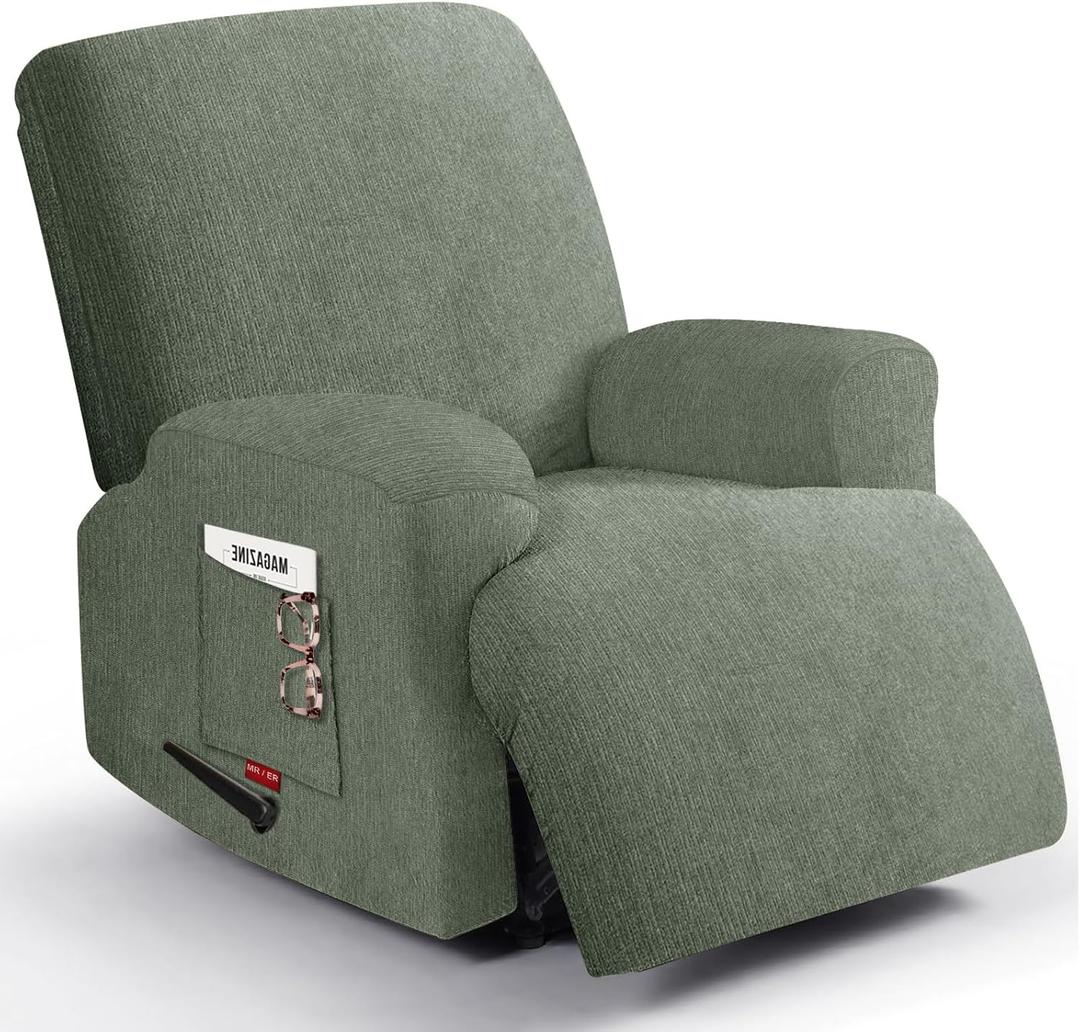 3 Pieces Stretch Recliner Chair Covers - Plush Fabric Slipcovers & Durable Furniture Protectors for Kids and Pets (1 Seater, Green)