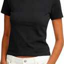 Prettywear Women Cotton Blend T Shirts Crew Neck Short Sleeve Basic Fitted Crop Tops Summer Trendy Cute Tee Black, S