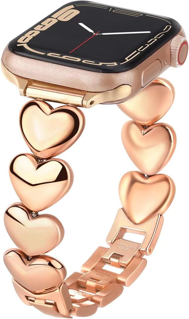 Metal Bracelet Compatible with Apple Watch Band Women 38mm 40mm 41mm 42mm 44mm 45mm 46mm 49mm Rhinestone Dressy Apple Watch Strap for iWatch Band Series 11/10/9/8/7/6/5/4/3/2/1/SE 3/Ultra 3 (Rose Gold Heart)