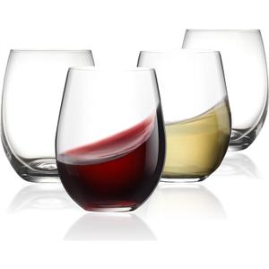 Stemless Glass, Red & White 15oz Stemless Glass Set of 4, Drink Glasses with Durable Chip Resistant Rim, Large Glasses for Enhanced Aeration, Accessories for Parties (15oz - 4Pack)