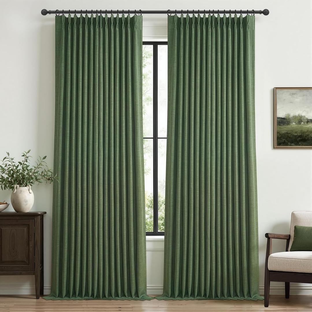 Loden Green Thick Linen Tall Bedroom Curtains 102 Inches Long 2 Panels, Memory Shape Pinch Pleated Blackout Double Layer Pivacy Soundproof Thermal Neutral Windows Curtain Room Divider 40 x 102 Inch