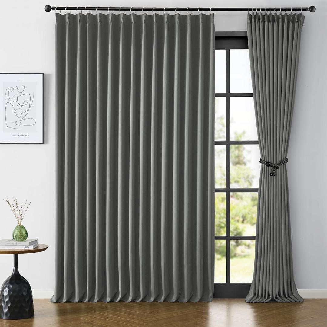 KEQIAOSUOCAI Extra Wide Blackout Curtains 90 Inches Long, Pinch Pleated Curtains for Sliding Door/French Door Room Divider Panels for Living Room 100 Inch Width 100x90 Grey