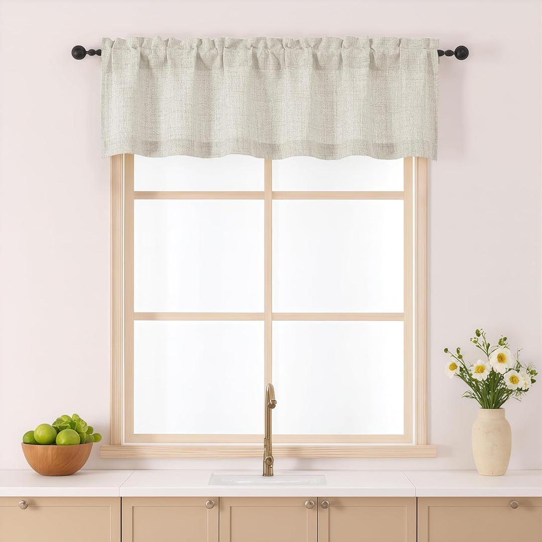 Gwine Natural Kitchen Valance for Windows 14 Inches Long, Light Filtering Short Curtain for Small Window, Soft Small Window Treatment Drape for Bathroom Basement RV Camper, 60Wx14L inch, 1 Piece