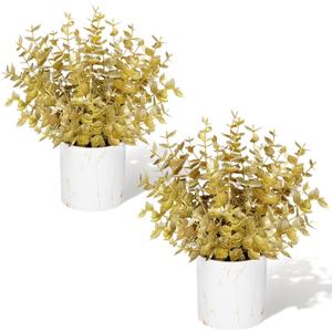 2 Pack Gold Artificial Eucalyptus Plant in Marble Pot, Faux Potted Greenery for Home Decor, Wedding Centerpiece, Christmas Table Decoration, Office Desk & Housewarming Gift