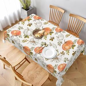 AEIOAE Autumn Fall Tablecloth 60 x 120 Inch Rectangle, Watercolor Orange White Pumpkin Maple Leaf Table Cloth, Thanksgiving Tablecloths Farmhouse Decorative for Home Kitchen Dining Party