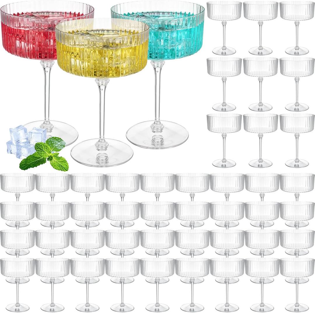 48 Pcs Ribbed Martini Glasses 10 oz Disposable Plastic Vintage Ribbed Coupe Glasses Unbreakable Dessert Parfait Glassware for Wedding Birthday Party Supplies (Clear)