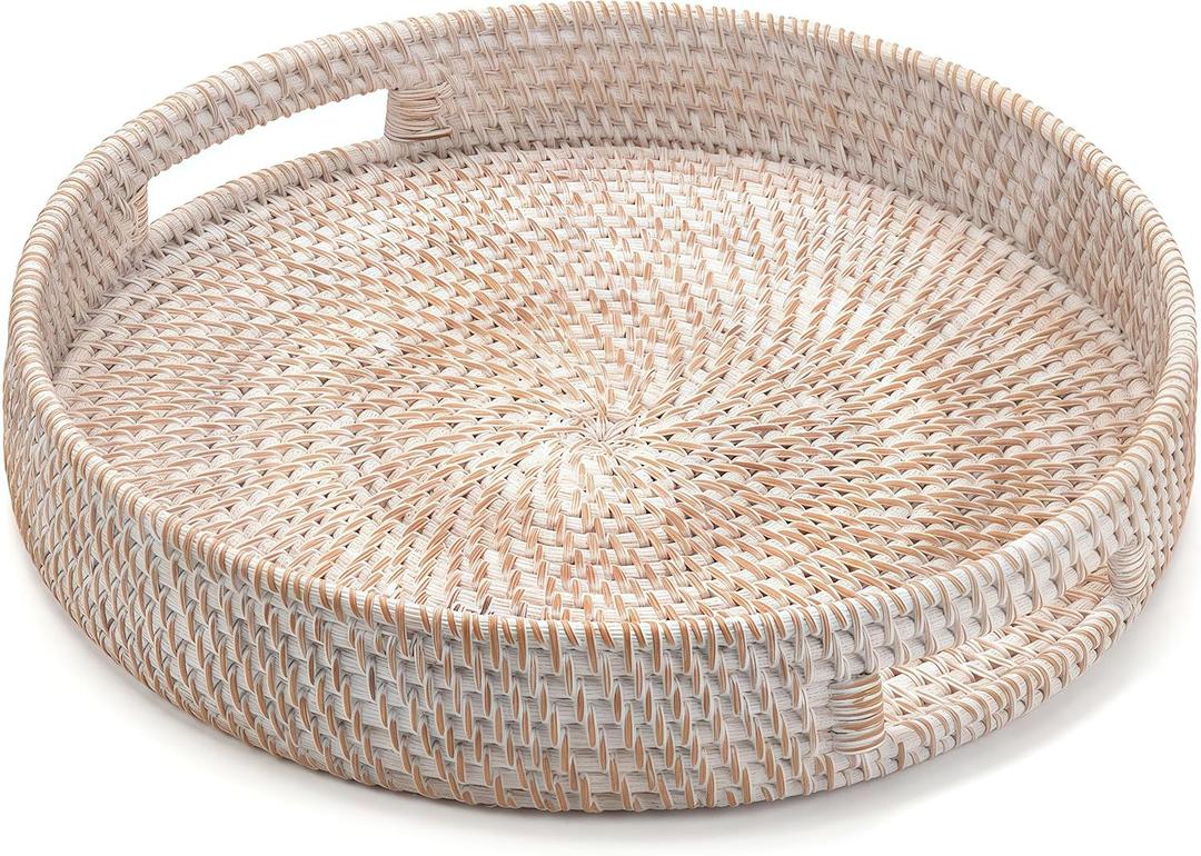 11.8" Round Rattan Tray, Hand Woven Serving Tray with Handles, Wicker Serving Basket, Decorative Tray for Home Decor, Whitewash
