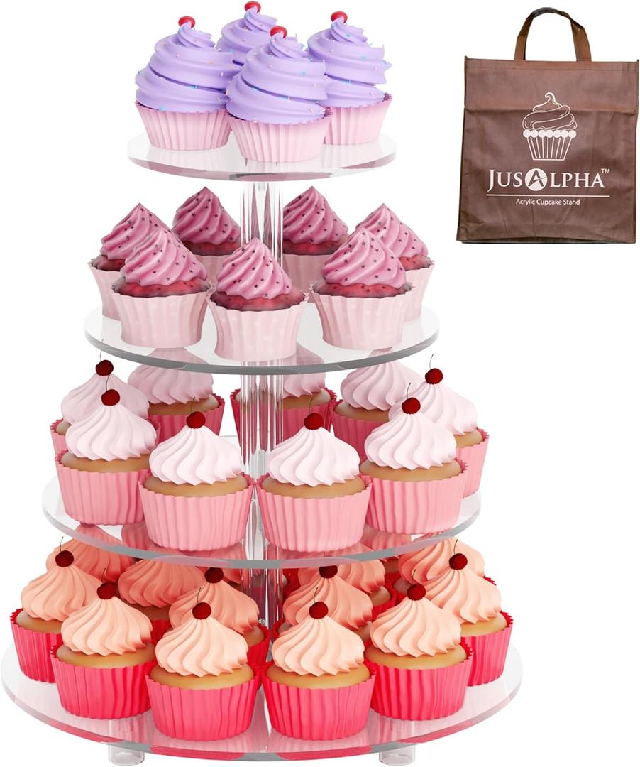 Jusalpha Large 4 Tier Cupcake Stand,Acrylic Round Cake Stand Dessert Tower Tea Party Serving Platter, Cupcake Tree Wedding Party Dcor, Stand with Rod Feet (4RF)