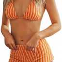 ZAFUL Bikini Sets for Women High Waisted Striped Bathing Suit Backless Halter Triangle Bikini Top Boyshort Bottom Swimsuits, L