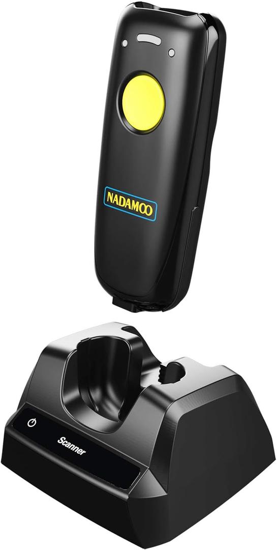NADAMOO 2D Wireless Barcode Scanner Compatible with Bluetooth, Portable USB 1D 2D QR Code Scanner for Inventory, Bar Code Image Reader for Tablet iPhone iPad Android iOS PC POS, with Charging Dock (Yellow)