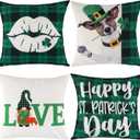 St Patricks Day Decorations Pillow Covers 18x18 Set of 4 Green Buffalo Plaid Throw Pillow Covers Irish Shamrock Home Decor Throw Pillows Cover, Love Lip Heart Dog Clovers Cushion Case for Sofa Couch