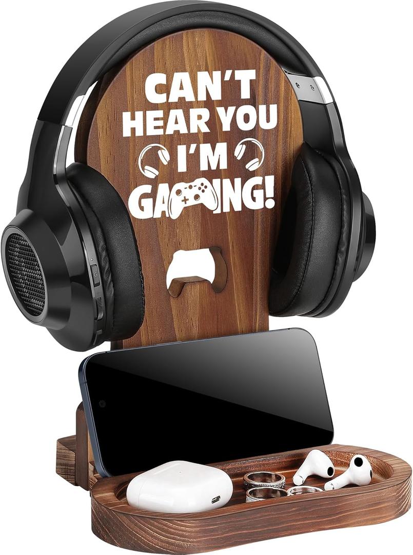 Slothoem-Gamer Gifts for Men Boyfriend Valentines Day, Gamer Room Decor for Brother, Gaming Gifts for Son, Husband, Easter Basket Stuffers, Gamer Room Accessories Stuff, Wooden Headset Stand