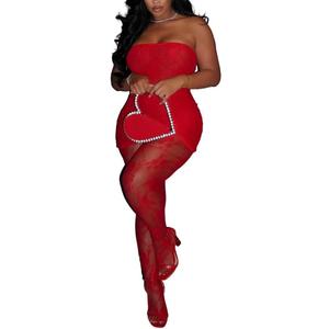 Kafiloe Sexy 2 Piece Outfits for Women Clubwear Lace Tube Mini Dress Top with Stockings Set Birthday Outfits (Small, Red)