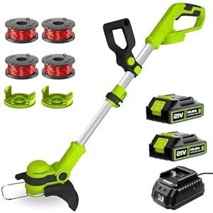 12" String Trimmer, Battery Powered, 2 in 1 Trimmer and Lawn Edger with 2 x 2.0Ah Batteries, Lightweight 21V Weed Wacker with 4 Bonus Spools, for Lawn, Garden, Yard