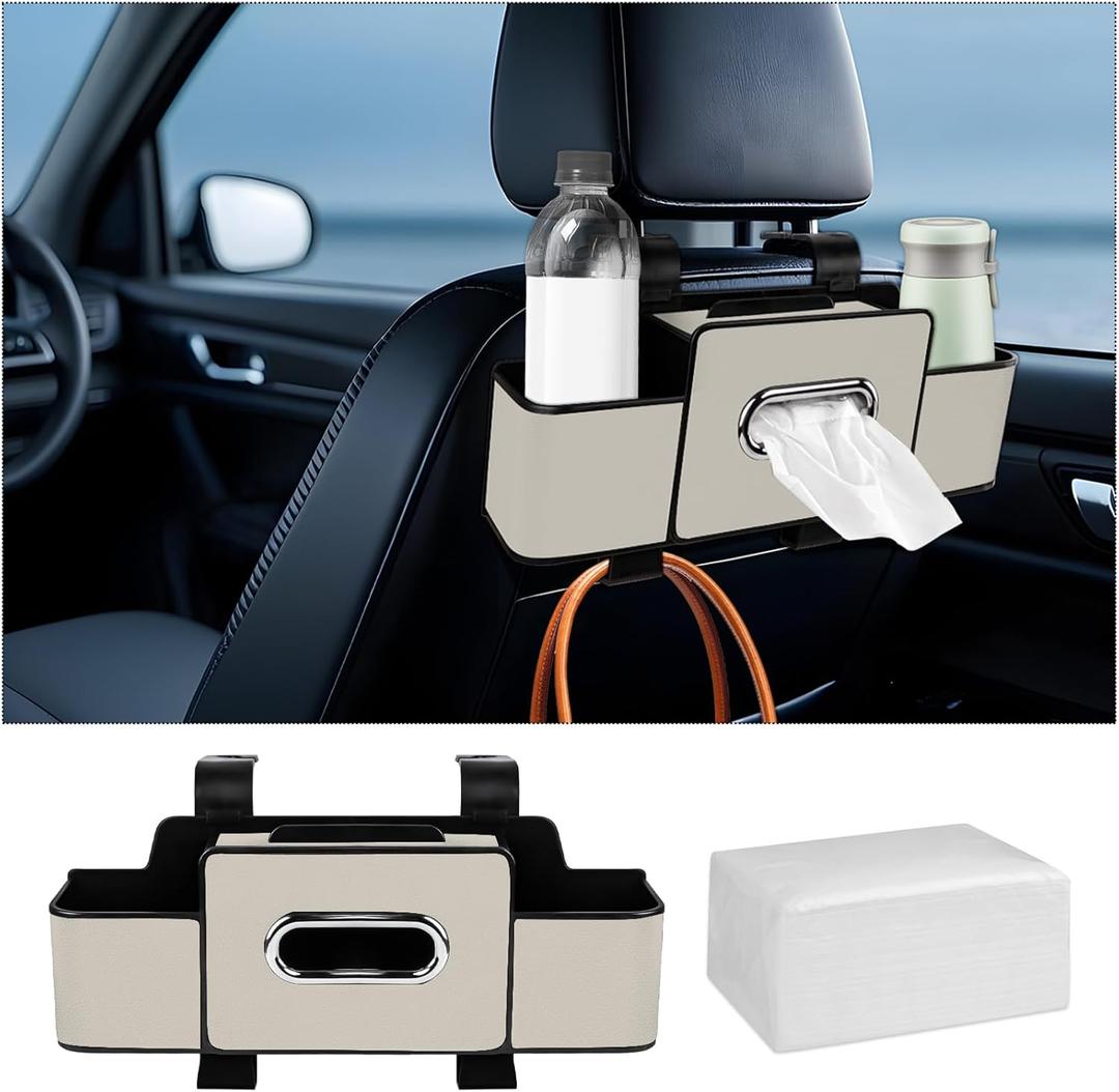 Car Back Seat Organizer with Tissue, Car Seat Back Tissue Box and Storage Hook, Multifunctional Car Organizer for Hold Phone,Drinks,Handbag,Compatible with Most Vehicles (Beige)