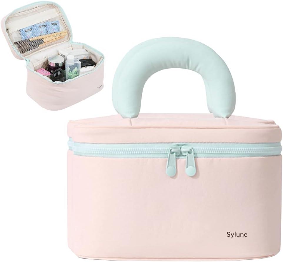 Tuck Hanging Toiletry Bag - Water-Resistant Travel Makeup Organizer with Spacious Compartments & Padded Handle for Women (Blush Petal & Mint) (Puffy Makeup Bag)