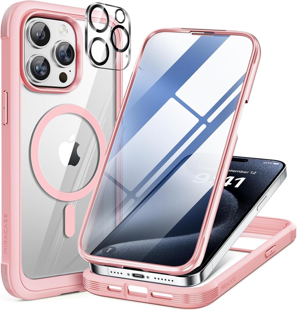 Miracase Magnetic for iPhone 15 Pro Max Case 6.7'' [Compatible with Magsafe] Full-Body Military Drop Proof for iPhone 15 ProMax Case with Built-in 9H Tempered Glass Screen Protector, Pink
