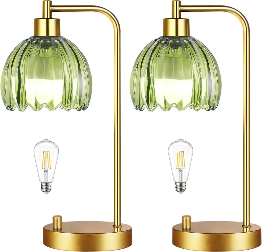 Green Table Lamp Set of 2,Small Glass Bedside Lamps Dimmable Boho Bedroom Lamp with Tulip Flower Lamp Shade,Gold Vintage Mid Century Modern Mini Nightstand Lamp for Bedroom Living Room