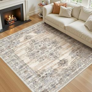 Washable 5x7 Area Rug for Living Room - Ultra Soft Vintage Carpet with Non-Slip Backing, Stain Resistant Low-Pile Indoor Rug for Bedroom & Home Office, Kid & Pet Friendly - Beige