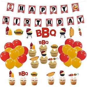 Picnic Birthday Party Decorations Set, BBQ Baby Shower Decor, Red Checked Happy Birthday Banner, BBQ Themed Cupcake Toppers and Balloons