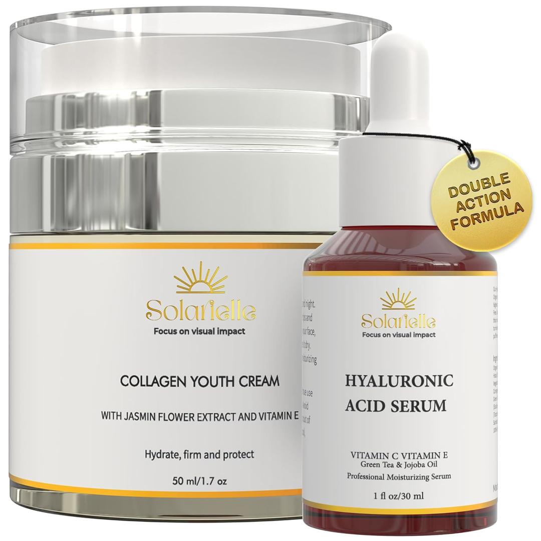 Collagen Youth Cream & Hyaluronic Acid Serum Set by Solarielle Anti-Aging Skincare Duo for Deep Hydration, Firming & Wrinkle Care