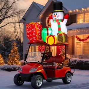 JellyArch 5 x 4 ft Large Inflatable Christmas Golf Cart Decoration with LED Lights Outdoor Christmas Blow Up Snowman Gift Box Santa Hat for Car Decor Xmas Holiday Vehicle Accessories