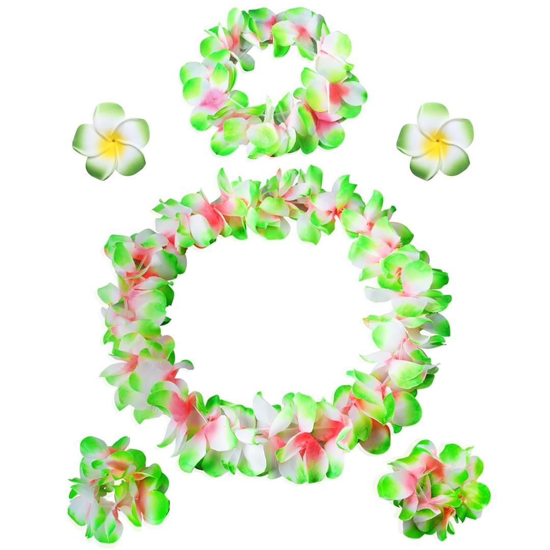 Hawaiian Leis Headband Wristbands Plumeria Hair Clips Tropical Luau Necklace Headpiece Bracelets Flower Barrettes Hair Bands Women Wedding Summer Beach Birthday Dress Up Party Decorations Supplies