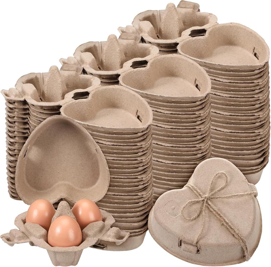 FoldTier 200 Pcs Heart Shaped Eggs Cartons 3 Count Natural Paper Pulp Egg Cartons with Jute Rope Reusable Cardboard Storage Baskets Holder Tray for Kitchen Easter Holiday Gifts Market Farm