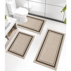 chakme Bathroom Rug Sets 3 Piece, Ultra Thin Bath Mat Absorbent, Non Slip, Machine Washable, Light Beige, 17" x 24" / 17" x 30" / 17" x 59