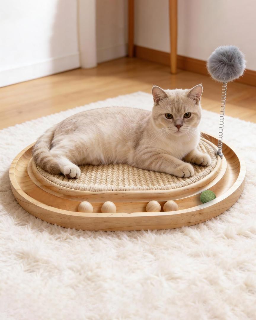 Natural Sisal Cat Scratcher Pad Wooden Interactive cat Toy with Ball Track Springs Ball for Chasing Hunting Physical Exercise Kitten Toys Cat Scratching Mat for Indoor Cats Furniture Protection (1 tier)