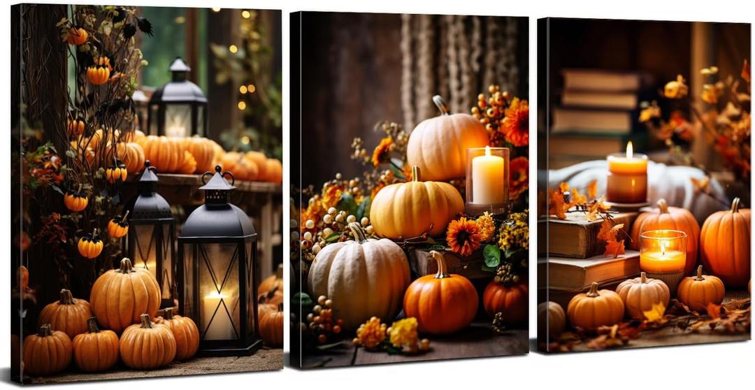 AIYISU Farmhouse Pumpkin Wall Art Fall Kitchen Dining Room Wall Decor Rustic Halloween Canvas Prints Pictures Autumn Harvest Theme Poster Thanksgiving Paintings Artwork Home Decorations 12x16 3Pcs