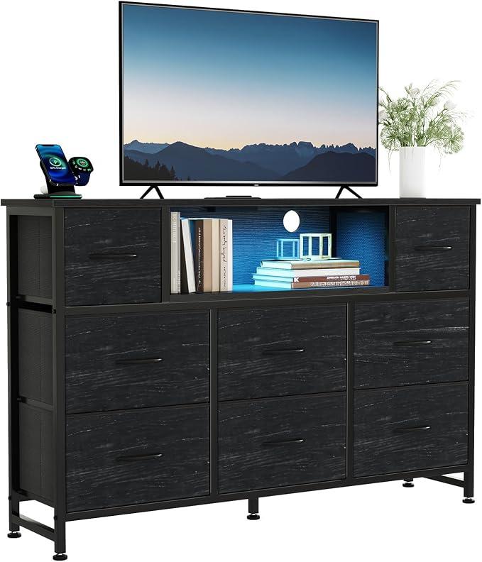 DUMOS LED Entertainment Center with Charging Station, TV Stand Dresser with 8 Fabric Drawers and Open Shelves, Wood Top Media Console for 45-55 inch, Bedroom, Black, 11.8"D x 47.2"W x 31.5"H